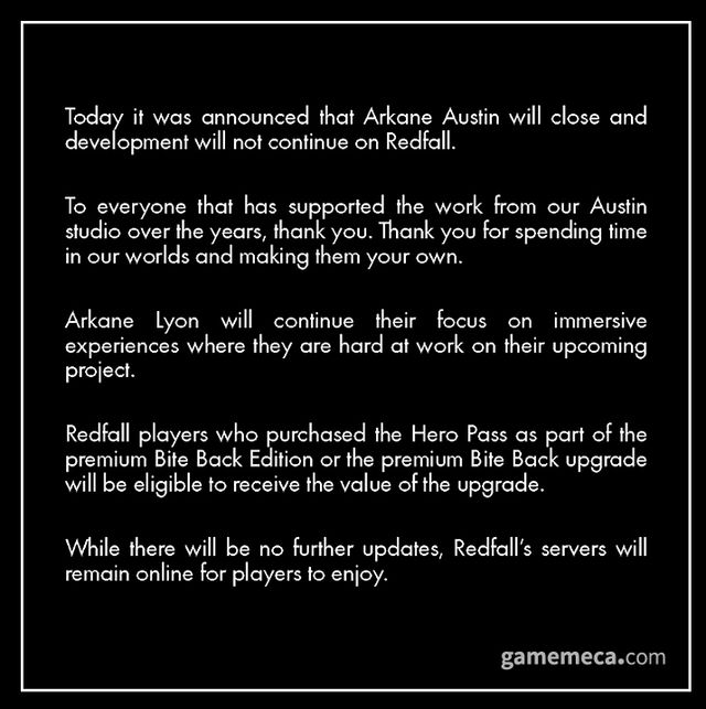 아케인 오스틴 스튜디오 폐쇄 및 레드폴 관련 공지사항 (자료출처: 아케인 공식 홈페이지)