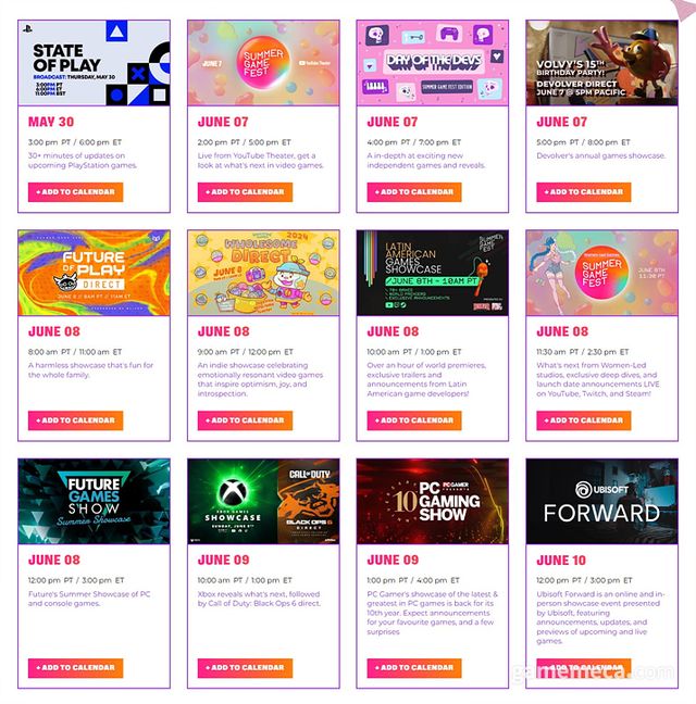 서머 게임 페스트 2024 주요 쇼케이스 일정 (사진출처: 서머 게임 페스트 공식 홈페이지)