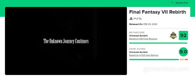 파이널 판타지 7 리버스 메타크리틱 평점 (사진출처: 메타크리틱)