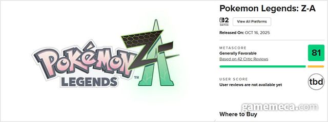 포켓몬 레전드 Z-A 메타크리틱 점수 (사진출처: 메타크리틱 공식 홈페이지 갈무리)