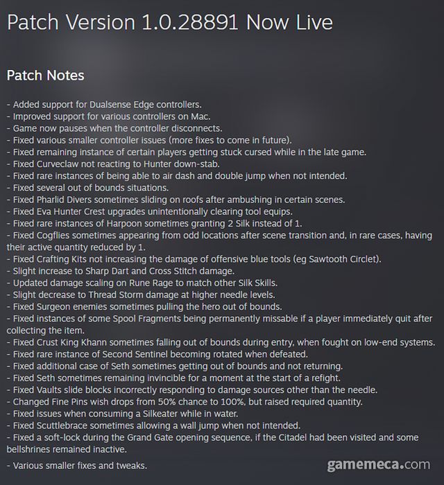 지난 14일 공개된 할로우 나이트: 실크송 신규 패치 노트 (사진출처: 스팀)