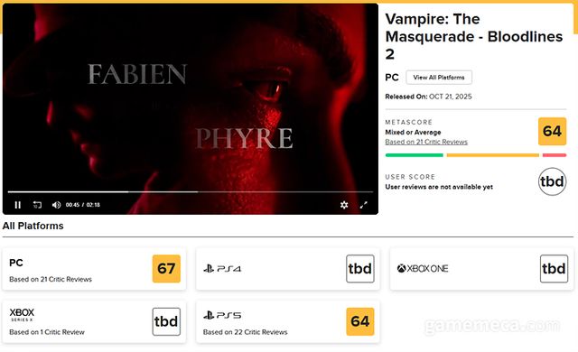 뱀파이어: 더 마스커레이드 블러드라인 2 메타크리틱 점수 (사진출처: 메타크리틱)