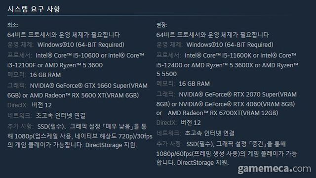 몬스터 헌터 와일즈 이전 권장사양 (사진출처: 게임 스팀 페이지)
