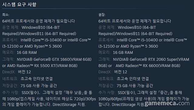 2월 5일 기준 몬스터헌터 와일즈 권장 사양 (사진출처: 게임 스팀 페이지)
