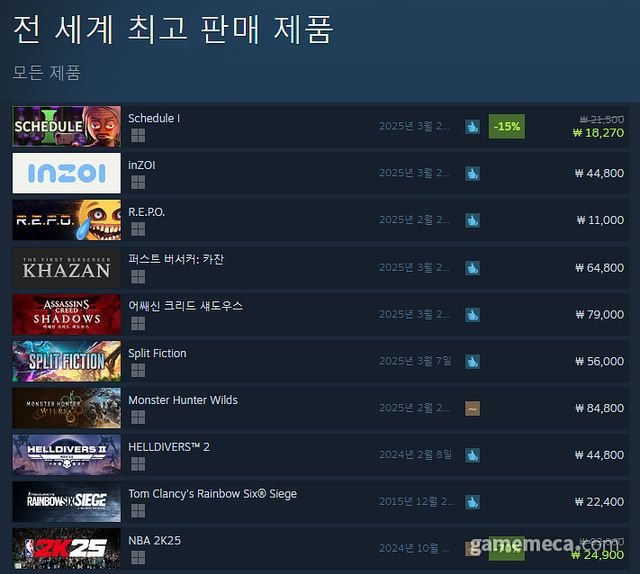 3월 31일 오전 11시 기준 스팀 전 세계 최고 판매 제품 TOP 10 (자료출처: 스팀) (국내에서 노출되지 않은 게임표시를 위해 미국 IP로 접속한 순위입니다)