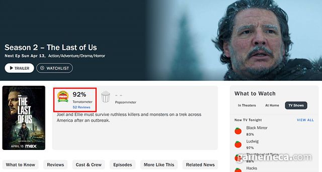 로튼 토마토 신선도 지수 92%를 받은 더 라스트 오브 어스 시즌 2 (사진출처: 로튼 토마토 공식 홈페이지 갈무리)