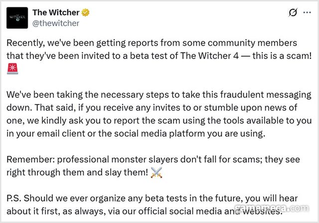 CDPR이 남긴 가짜 베타 테스트 메시지 관련 공지글 (사진출처: 위쳐 공식 X 계정 갈무리)