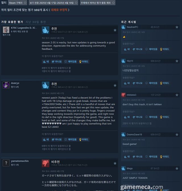 패치 이후 등록된 유저 평가는 '대체로 부정적'이다 (사진출처: 게임 스팀 페이지)