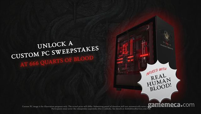 피가 들어간 수냉식 PC를 경품으로 내걸어 주목을 모은 디아블로 4 헌혈 캠페인 (사진출처: 디아블로 공식 유튜브 영상 갈무리)