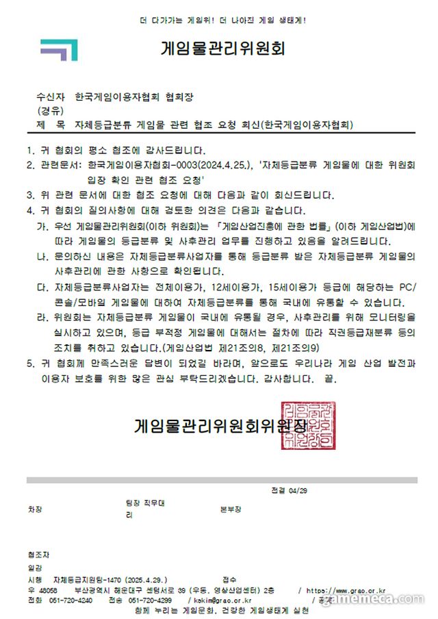 등급 재분류 시 불이익 여부에 대한 게임물관리위원회 측 답변 (자료제공: 한국게임이용자협회)