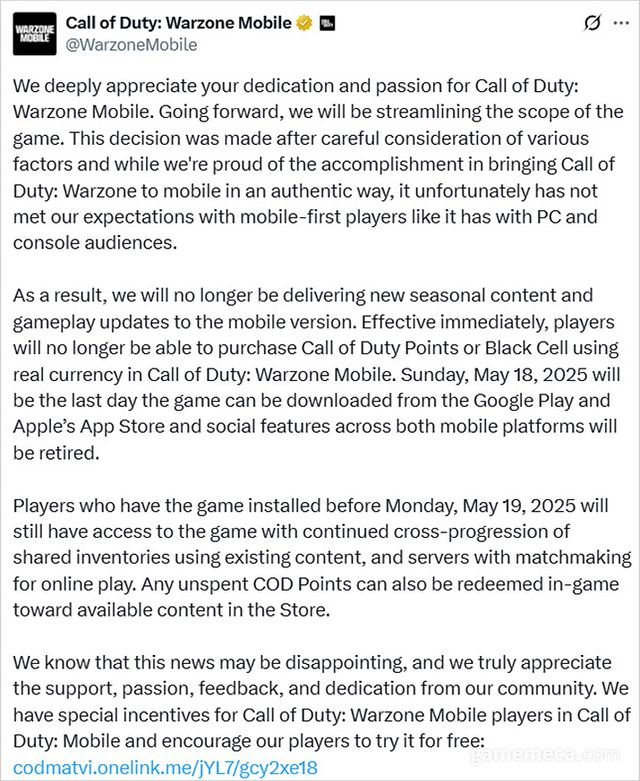 콜 오브 듀티: 워존 모바일 공식 X에 올라온 사후 지원 중단 공지문 (사진출처: 콜 오브 듀티: 워존 모바일 공식 X 계정 갈무리)