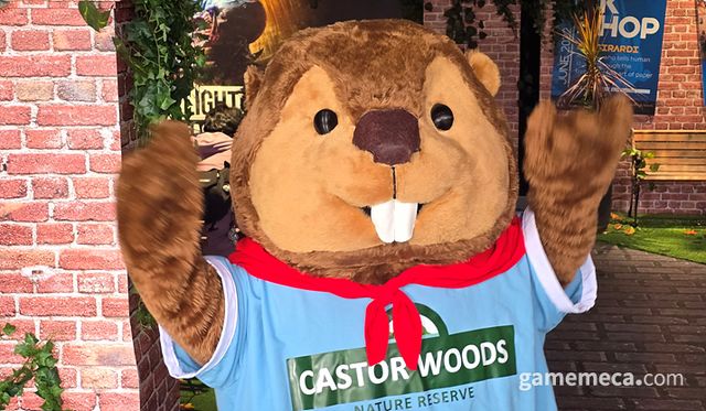 다잉 라이트: 더 비스트의 배경 '캐스터 우즈'의 마스코트 비버가 맞이한다 (사진: 게임메카 촬영)