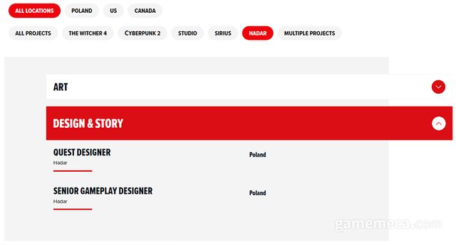 CD 프로젝트 레드 하다르 관련 채용공고 일부 (사진출처: CD 프로젝트 레드 공식 홈페이지)
