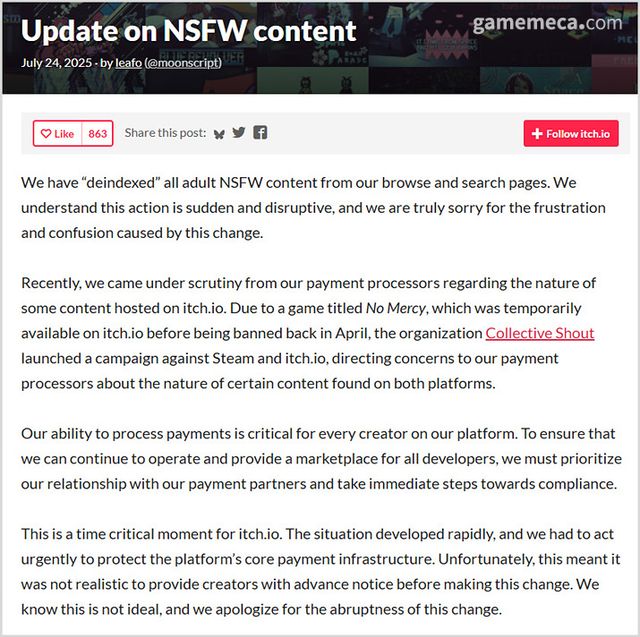 이어 itch.io에서도 비슷한 공지가 올라오며 반발이 더욱 거세졌다 (사진출처: itch.io 공식 홈페이지)