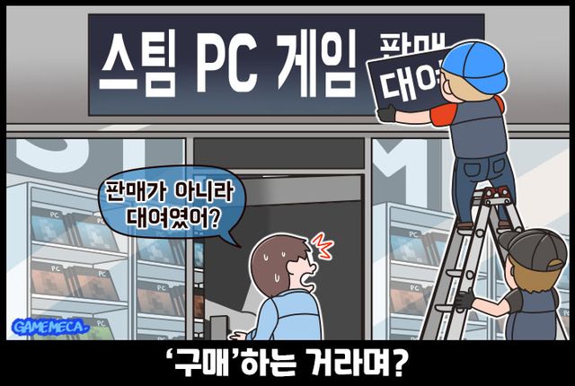 스팀의 PC게임 라이선스 부여 관련 내용을 다룬 게임메카 만평 (제작: 게임메카)