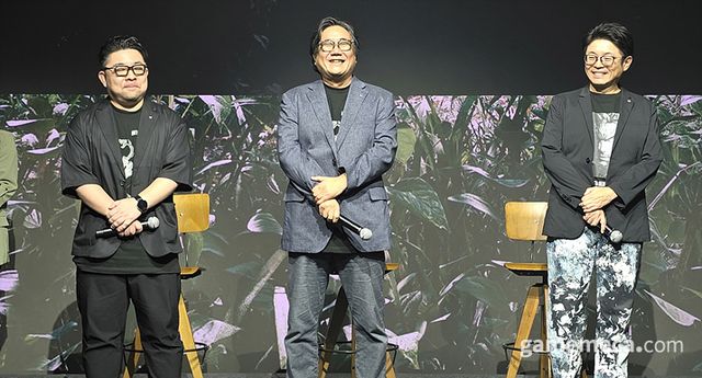 시연회에 참석한 세 개발자, 왼쪽부터 사하라 디렉터, 오 PD, CPD (사진: 게임메카 촬영)