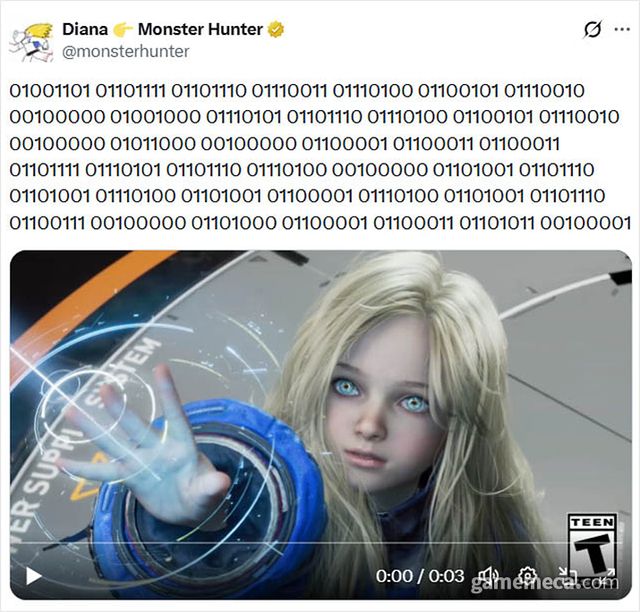 이진법으로 표현된 해킹 시작 게시글 (사진출처: 몬스터 헌터 공식 X 계정)