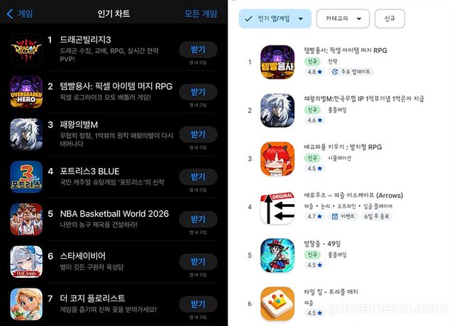 템빨용사 앱스토어, 플레이스토어 인기 순위 (자료출처: 애플 앱스토어, 구글 플레이스토어)