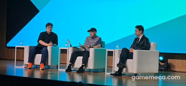 담론을 나눈 정우철 편집장(좌), 넥슨게임즈 김용하 본부장(중), 프로젝트 문 김지훈 대표(우) (사진: 게임메카 촬영)
