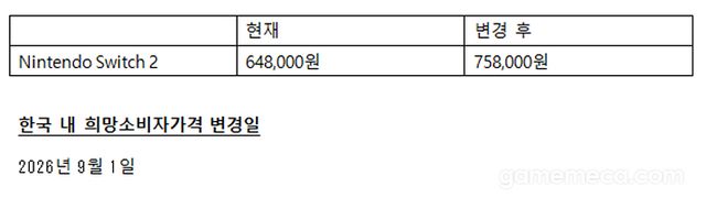 닌텐도 스위치 2 인상 가격 및 일정 고지 (자료제공: 한국닌텐도)