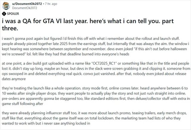 자신을 예전 GTA 6 QA라 주장한 인물이 공개한 정보가 다수 일치하는 정황이 확인됐다 (사진출처: Reddit)