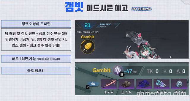 28일 공개한 갬빗 설명 이미지 (사진출처: 이터널 리턴 라이브 방송 영상 갈무리)