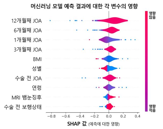 머신러닝 모델 예측 결과에 대한 각 변수의 영향. SHAP 기법으로 분석한 결과, 수술 12개월째 JOA 점수가 예측에 가장 중요한 영향을 미친 것으로 나타남 /이미지 제공=서울대병원