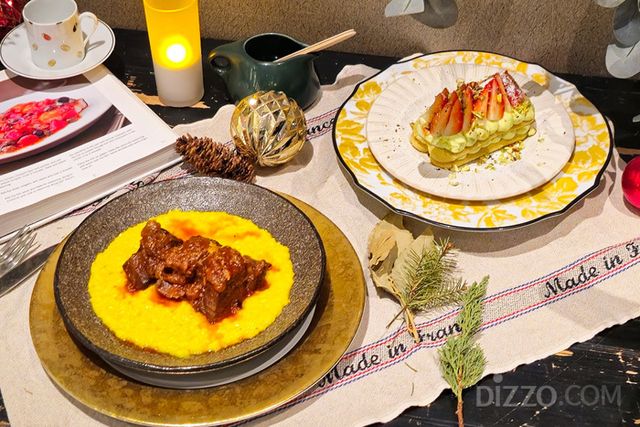 (좌) 송아지 갈비찜과 샤프론 리조또, (우) 피스타치오 딸기 티라미수(사진제공=스마트카라)