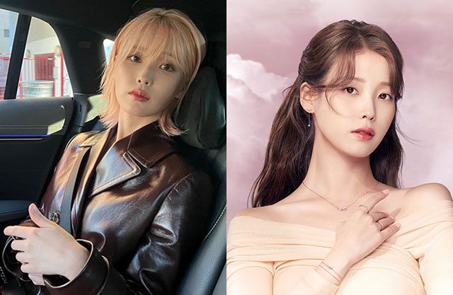 피치퍼즈 색상의 헤어 스타일과 오프숄더 원피스를 입고 특유의 우아한 아름다움을 발산한 아이유. /사진 출처=아이유 SNS, 제이에스티나