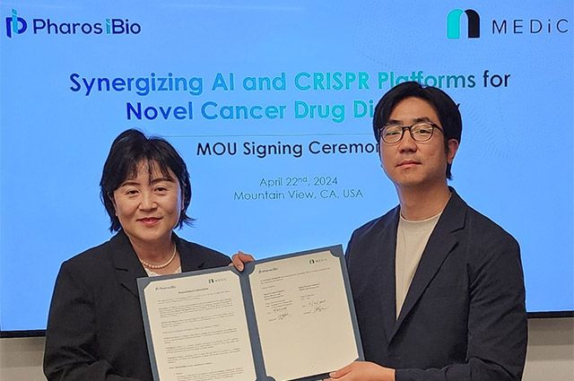 (왼쪽부터) 한혜정 파로스아이바이오 미국 법인 대표와 한규호 메딕 라이프 사이언스 대표 /사진 제공=파로스아이바이오