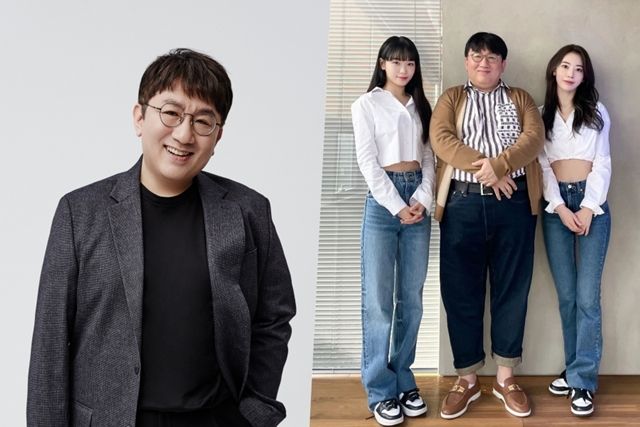 방시혁 의장과 하이브 첫 걸그룹으로 데뷔한 르세라핌 / 사진: 하이브 제공, 방시혁 인스타그램