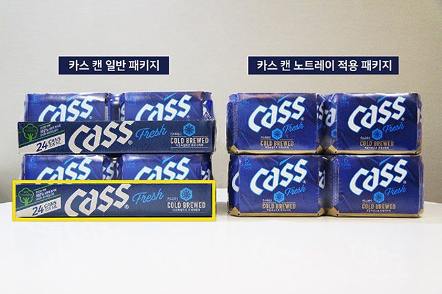 오비맥주는 편의점 카스 전 제품에 노 트레이 패키지를 적용했다./사진=오비맥주