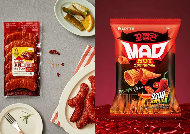 CJ제일제당 백설 숯불 불닭맛 후랑크와 롯데웰푸드 꼬깔콘 매드핫 고추장 직화구이맛./사진=각 사 제공