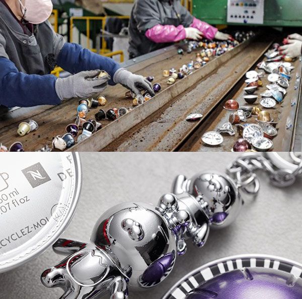 (사진 위부터)알루미늄 커피캡슐과 커피 가루 분리하는 네스프레소 재활용 공정을 진행하고 있다. 다 쓴 커피 캡슐 30개로 만든 ‘새활용 알루미늄 라이언 & 춘식이 키링’/사진=네스프레소, 카카오 메이커스