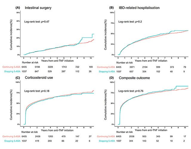 항TNF 치료를 시작한 후 5-ASA를 계속하거나 중단한 환자를 비교한 임상적 부작용 환자의 비율. (A) 장 수술을 위한 카플란-마이어 곡선. (B) IBD 관련 입원을 위한 카플란-마이어 곡선. (C) 새로운 코르티코스테로이드 사용을 위한 카플란-마이어 곡선. (D) 복합 결과(수술, 입원 또는 새로운 코르티코스테로이드 사용의 모든 이벤트)를 위한 카플란-마이어 곡선. 5-ASA, 5-아미노살리실레이트, 항-TNF, 항종양 괴사 인자, IBD, 염증성 장질환. /이미지 제공=중앙대병원