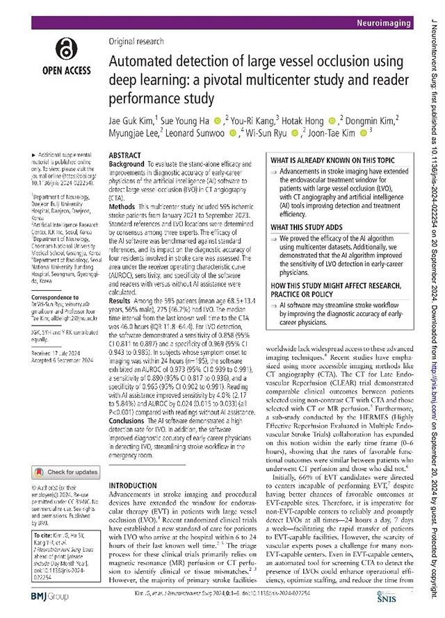 제이엘케이가 JNIS에 발표한 연구 논문(Automated detection of large vessel occlusion using deep learning: a pivotal multicenter study and reader performance study) /이미지 제공=제이엘케이