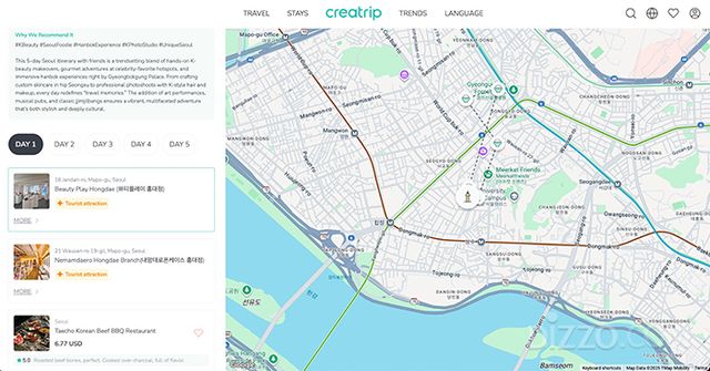 크리에이트립의 'AI 여행 플래너' 화면. AI가 외국인 관광객객의 니즈를 파악해 맞춤형 여행 경로를 자동 생성한다.(사진제공=크리에이트립)