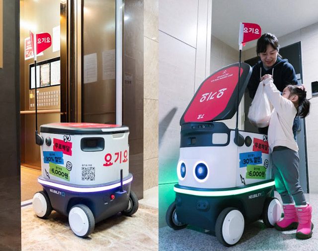 요기요는 뉴빌리티와 공동현관·엘리베이터 연동한 D2D(Door-to-Door) 로봇배달 시범 운영하고 있다./사진=요기요