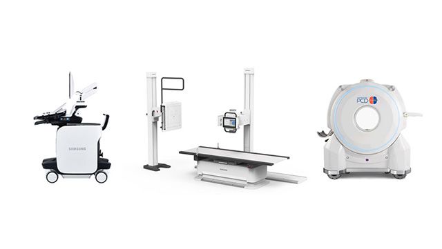 삼성 의료기기 ECR 2025 전시 제품. (왼쪽부터) 초음파 진단기기 'RS85', 디지털 엑스레이 'GF85', 모바일CT '옴니톰 엘리트 PCD(OmniTom Elite PCD)' /이미지 제공=삼성메디슨