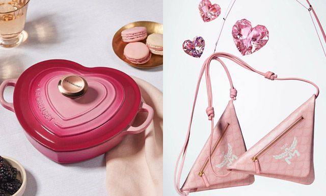 르크루제의 발렌타인 컬렉션(왼쪽), MCM의 힘멜 로레토스 트라이앵글 파우치(오른쪽)./사진=각 사 제공