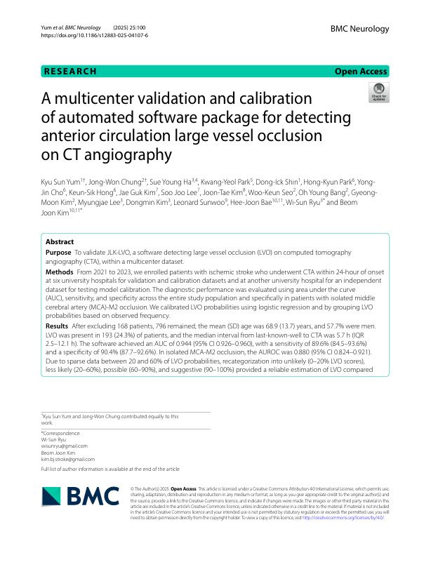 BMC Neurology에 실린 JLK-LVO 논문 표지/이미지 제공=제이엘케이