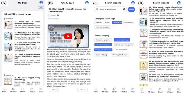 유방암 환자 전용 자가 관리 앱 ‘CAMA’의 주요 기능 화면. (A) 유방암 치료 유형별 정보를 제공하는 ‘나의 트랙(My Track)’ 화면, (B) 화학요법 준비에 대한 심리적 조언을 영상과 함께 제공하는 교육 콘텐츠, (C) 암 치료 단계와 주제별로 정보를 검색할 수 있는 인터페이스, (D) 치료 부작용, 정서적 변화 등 실제 환자들이 자주 묻는 질문에 대한 맞춤형 응답 화면. 해당 앱은 암 환자의 자기 효능감 향상과 심리적 안정에 기여하는 것으로 확인됐다. /출처=JMIR mHealth and uHealth 논문, 중앙대병원 디지털암센터