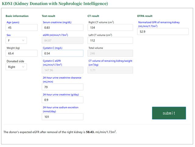 삼성서울병원이 최근 개발해 특허 출원을 마친 신장 생체 기증 후 잔존 신장의 기능을 예측할 수 있는 모델. 웹에서도 구동할 만큼 간편하게 이용할 수 있다. /이미지 제공=삼성서울병원