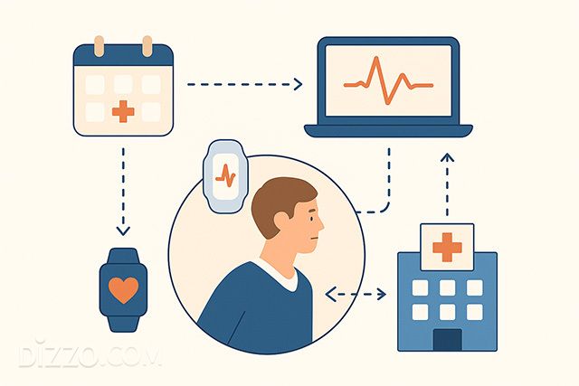 웨어러블 기기를 통한 데이터는 병원, 의료진, 디지털 플랫폼 간 상호 연동되어 맞춤형 진료와 예방 중심의 건강 관리를 실현한다. /이미지=OpenAI DALL·E 기반 자체 생성