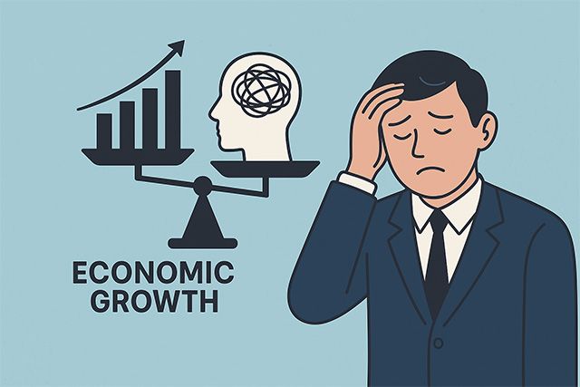 급변하는 경제 환경 속 정신적 불안을 겪는 현대인의 모습. 연구에 따르면 경제 성장 속도가 빠를수록 정신건강이 위협받을 수 있다. /이미지=OpenAI DALL·E 기반 자체 생성