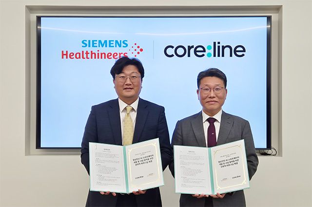 : (왼쪽부터) 문수호 지멘스 헬시니어스 영상진단사업본부장, 김진국 코어라인소프트 대표이사 /사진 제공=코어라인소프트
