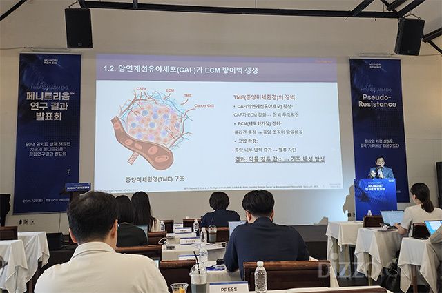 암연계섬유아세포(CAF)의 ECM 방어벽 생성 과정을 설명하는 조원동 현대ADM 대표이사 내정자. /사진=김정아 기자