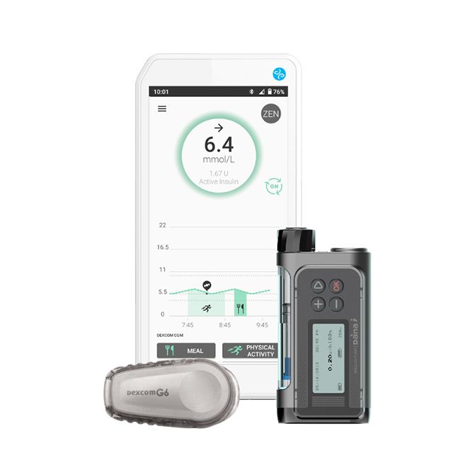 AID 시스템 구성요소. 덱스콤 G6 연속혈당측정기, 수일개발의 인슐린 펌프(Dana-i), 다이아벨루프의 당뇨병 관리 앱(DBLG1)으로 구성된다. /이미지 제공=수일개발