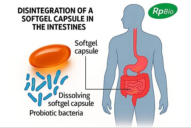 장용성 연질캡슐의 장내 분해 및 유산균 방출 과정. 알피바이오가 개발한 복합 제형 기술은 위산 환경에서는 분해되지 않고 장에서만 연질캡슐이 녹아 유산균을 방출하도록 설계됐다. 이는 기능성 성분의 생존율과 흡수 효율을 높이기 위한 핵심 구조다. /이미지 제공=알피바이오