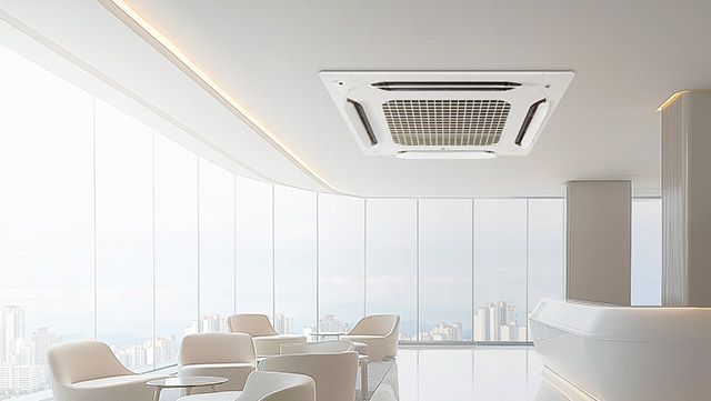 글로벌 시험인증기관 TUV 라인란드로부터 1대 당 14.85킬로그램(kgCO₂eq)의 이산화탄소 배출을 줄였음을 검증받은 상업용 4방향 시스템에어컨./사진=LG전자